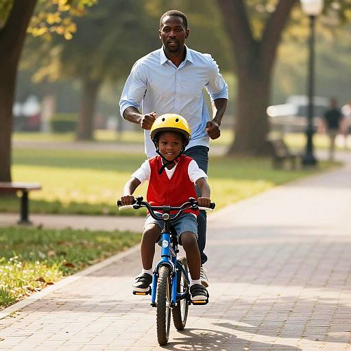 Father and Son Biking in Sunlit Park