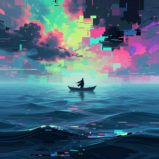 Digital art of a lone silhouette in a small boat, against a vibrant, neon-lit sky with colorful clouds and pixelated effects, on a calm