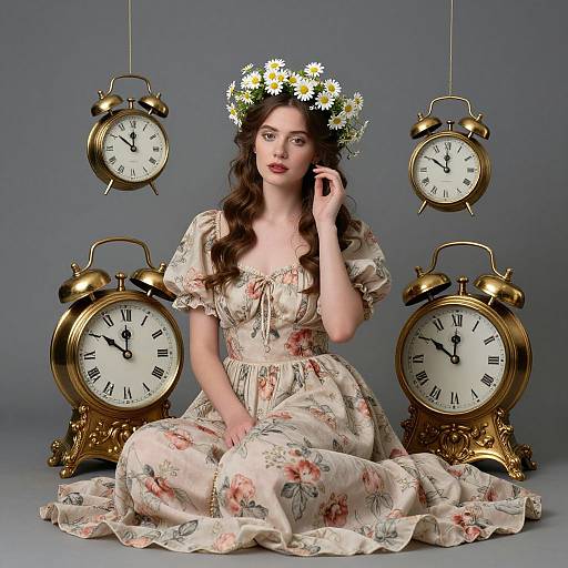 Photograph of a fair-skinned woman with long brown hair, wearing a floral dress and daisy crown, seated between four vintage gold alarm clocks against