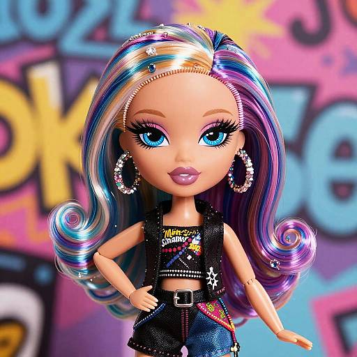 Photorealistic doll with vibrant multicolored hair, blue eyes, wearing black sleeveless top with 