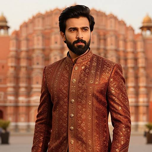 Photorealistic digital portrait of a handsome, bearded Indian man with dark hair, wearing an ornate, brown embroidered sherwani, in front