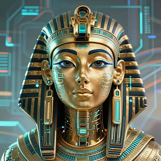 Digital artwork of a futuristic, golden, Egyptian queen with blue accents, cybernetic patterns, and a striped nemes headdress against a neon-l