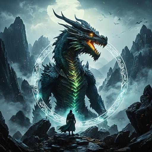 Ancient Dragon with Glowing Runes on Mountain Summit