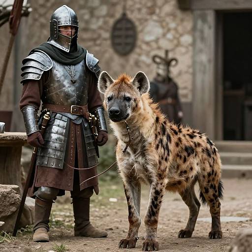 Photograph of a medieval knight in shiny armor standing beside a spotted hyena on a dirt path in front of a stone building.