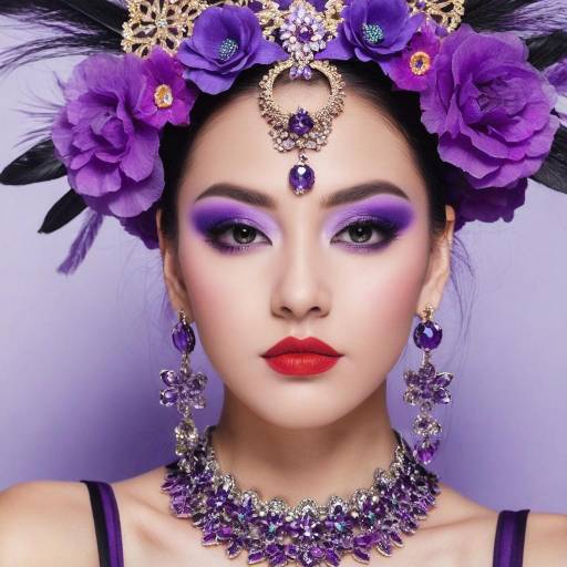 Elegant Woman with Purple Floral Headpiece and Jewelry