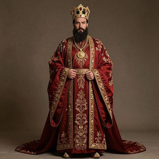 Photograph of a bearded man with a dark beard, wearing an ornate gold crown and red, gold-embroidered royal robe, standing