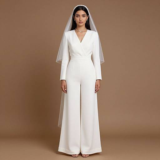Photograph of a South Asian bride in a white, long-sleeve, V-neck jumpsuit with a veil, standing against a brown background.