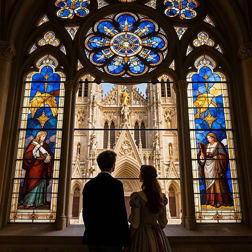 Photograph of silhouetted couple in front of colorful stained glass window showcasing Notre-Dame Cathedral, with detailed religious figures and intricate patterns.