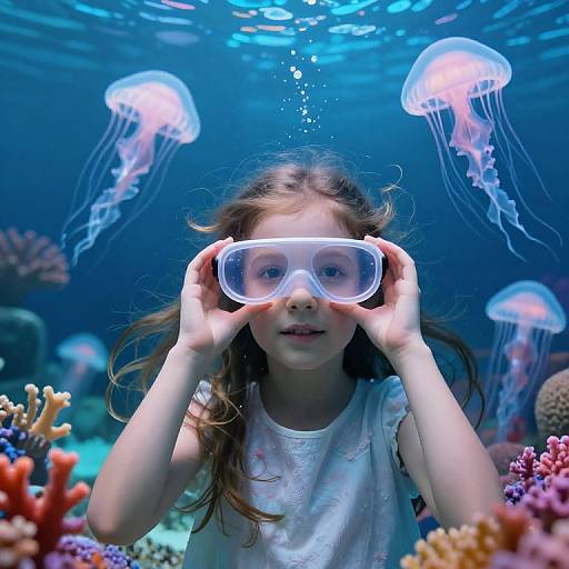 Photograph of a young girl with long brown hair wearing a white snorkel mask, surrounded by glowing jellyfish and colorful coral in an underwater aquarium.