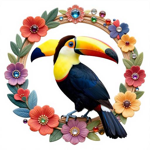 Digital illustration of a colorful toucan with a yellow, black, and orange beak, perched on a vibrant floral wreath.
