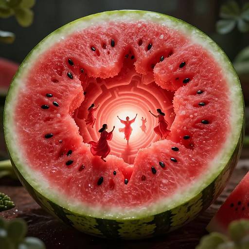 Photograph of a watermelon slice, interior glowing with a bright, circular light, silhouetted figures jumping inside, surrounded by dark background and
