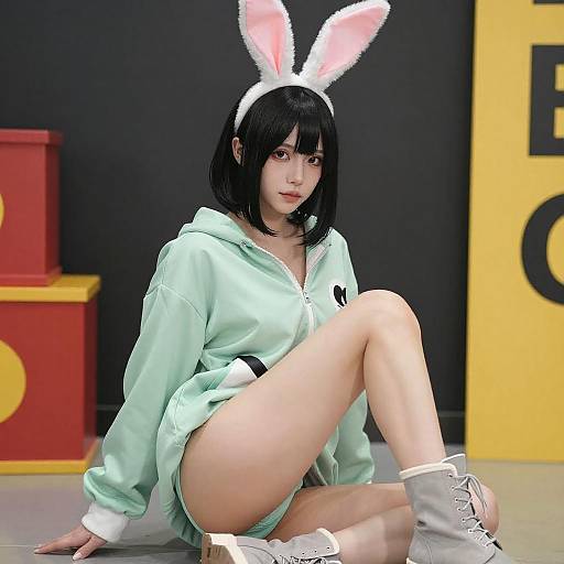 Asian Woman with Bunny Ears Sitting