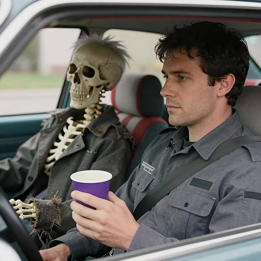Man and Skeleton Sharing a Car Ride