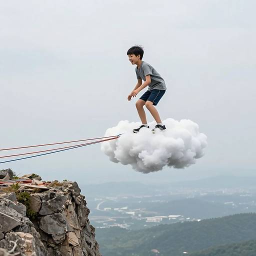 Photograph of a young Asian boy in gray shirt and blue shorts, jumping off a rocky cliff, creating a cloud of smoke beneath him, with a