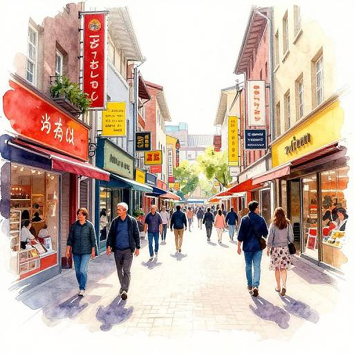 Colorful watercolor-style drawing of a busy urban street with people walking, shops with red and yellow signs, and vibrant storefronts.