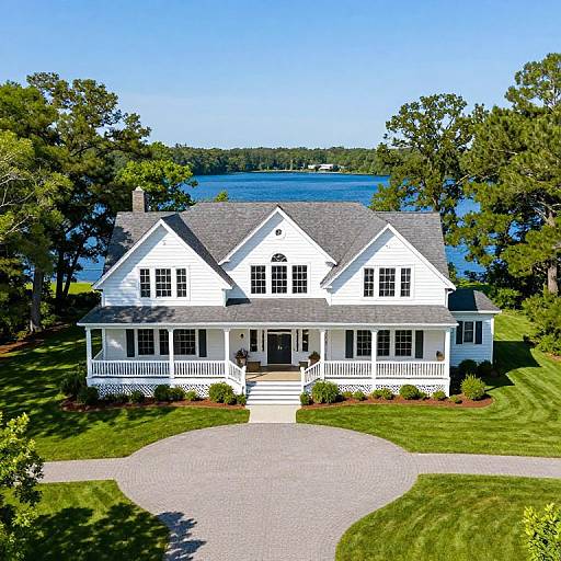 Aerial photograph of a white, two-story colonial house with a gray shingle roof, surrounded by lush greenery and a lake in the background.