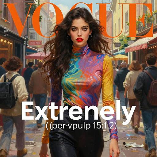 Photographic collage: Vibrant, long-haired woman in colorful, long-sleeve top walking through busy, urban street; 