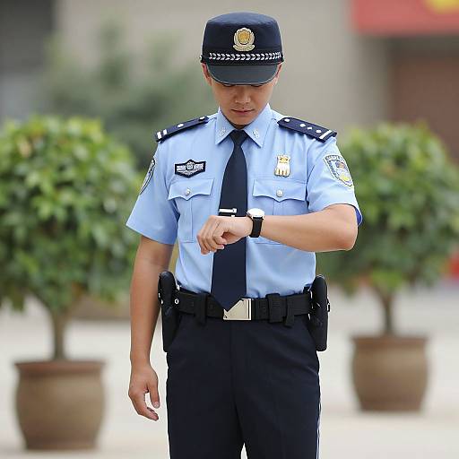 Photograph of a young male police officer in light blue uniform, black tie, and cap, adjusting his wristwatch outdoors with potted plants in the
