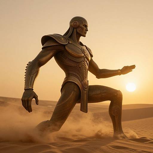 Photograph of a muscular, armored, bald man with intricate, metallic armor, running through a golden desert at sunset, dust flying.