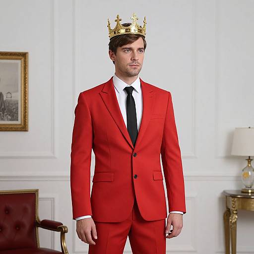 Photograph of a white man with brown hair wearing a red suit, white shirt, black tie, and gold crown, standing in a white-walled