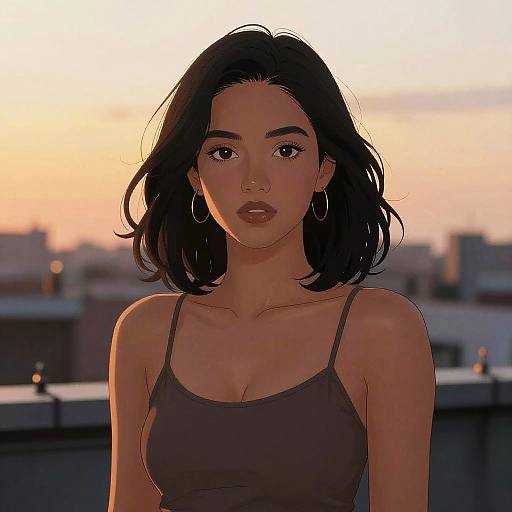 Digital anime-style portrait of a young Asian woman with shoulder-length black hair, wearing a brown spaghetti-strap top, large hoop earrings, standing against a