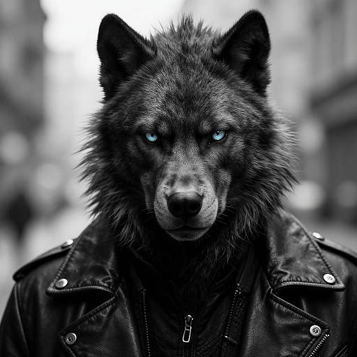 Photorealistic digital artwork of a fierce, black-furred wolf with glowing blue eyes, wearing a dark leather jacket, set against a blurred urban background
