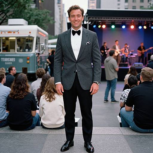 Photograph of a handsome man in a black tuxedo with bow tie, standing confidently in front of a live band and seated audience in an urban