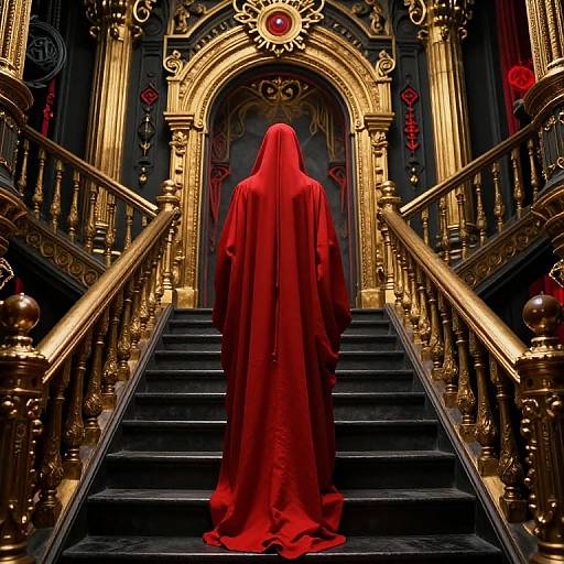 Mysterious figure in red hooded robe ascends grand, gold-accented staircase in ornate, dark, Gothic-style hall. Photorealistic