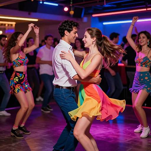 Photograph of a couple dancing in a neon-lit club, surrounded by cheering people. The man in a white shirt and jeans, the woman in