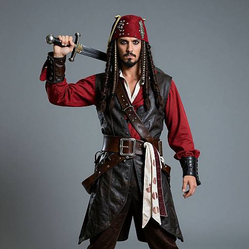 Photograph of a muscular, bearded man in pirate attire, holding a sword over his shoulder, with a red bandana, red shirt, black