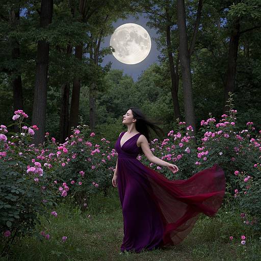 Photograph of a fair-skinned woman with black hair, in a flowing purple dress, dancing under a full moon in a forest filled with pink roses