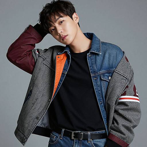 Photograph of a young Asian man with short black hair, wearing a black t-shirt, denim jacket with gray texture and orange lining, and blue jeans