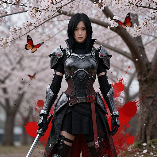 Digital art of an armored Asian woman with black hair and serious expression, standing in a cherry blossom tree background with red blood splatters and orange butterflies.
