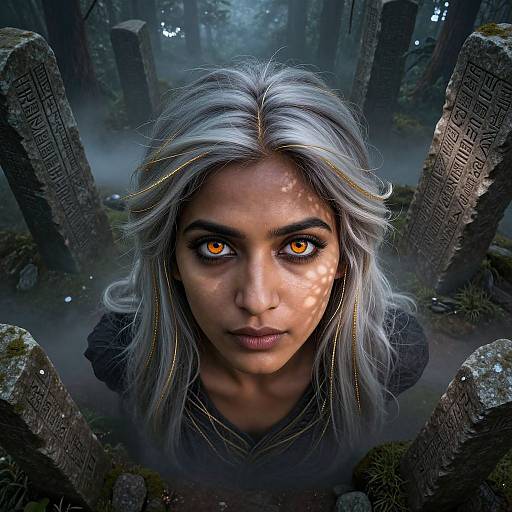 Photorealistic digital artwork of a woman with silver hair, glowing orange eyes, and dark skin, emerging from a mystical forest of ancient, moss-covered