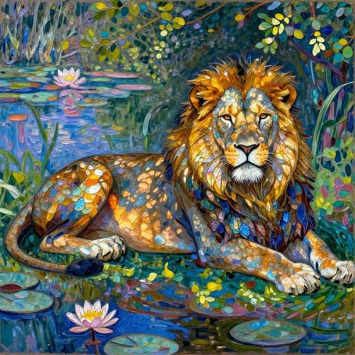 Vibrant digital painting of a golden lion with colorful sunspots, lying by a lush, blue-green pond with lily pads and white water l