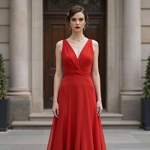 Photograph of a young woman with fair skin and dark brown hair in an elegant red V-neck gown, standing in front of a grand building with columns