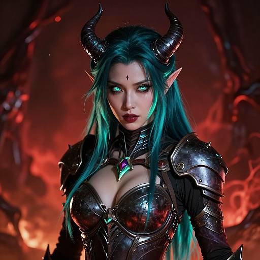Digital art of a fierce, blue-haired demon woman with glowing eyes, black horns, and shiny armor, set against a fiery, hellish background.