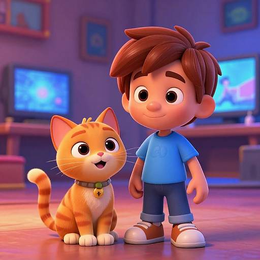 CGI image of a cute, cartoon boy with brown hair and blue shirt standing beside a happy, orange tabby cat with a collar. Background: