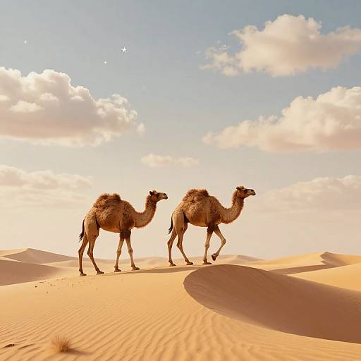 Photograph of two camels walking side by side on golden sand dunes under a bright blue sky with fluffy white clouds.