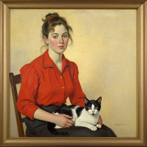 Oil painting of a fair-skinned woman with brown hair in a bun, wearing a red blouse, sitting and holding a black and white cat. Be