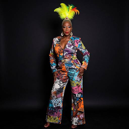 Photograph of a confident Black woman with dark skin, wearing a vibrant, graffiti-patterned jumpsuit, yellow feathered headpiece, and large earrings