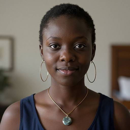 Photograph of a smiling African woman with dark skin, short curly hair, wearing large hoop earrings and a blue top, with a green pendant necklace,
