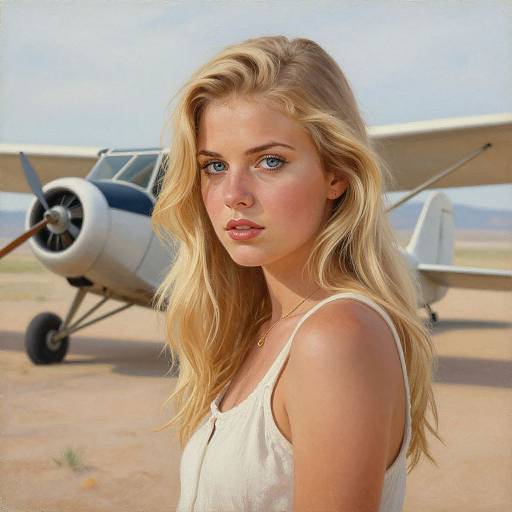 Photograph of a blonde, blue-eyed young woman with wavy hair, wearing a white tank top, standing in front of a small white aircraft on