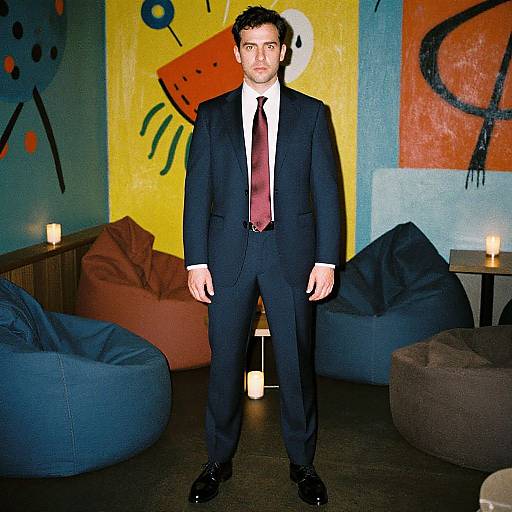 Confident Man in Navy Suit Lounge
