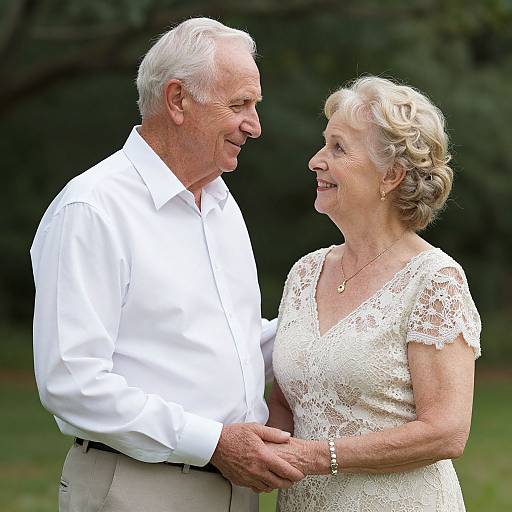 Photograph of an elderly white couple, smiling, standing close; man in white shirt, woman in lace dress, holding hands outdoors.