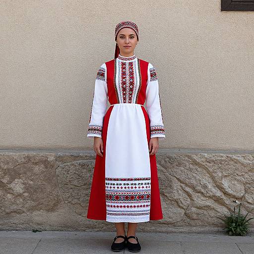 Photograph of a young woman in traditional Eastern European folk dress: white blouse, red apron, embroidered patterns, headscarf, standing against a
