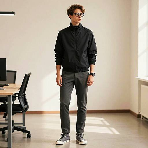 Young man in black windbreaker in minimalist office