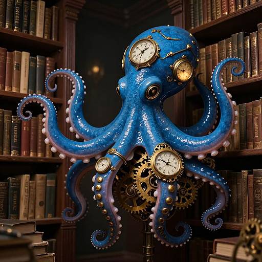 Photograph of a blue, clock-faced octopus with golden gears in a dimly lit library, surrounded by wooden bookshelves filled with books.