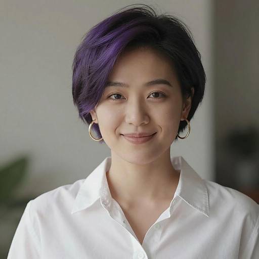 Confident Woman with Purple Hair and White Shirt