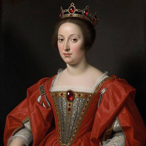 Photograph-style painting of a pale-skinned, brown-haired woman in a red, gold-embellished gown with a jeweled crown, black